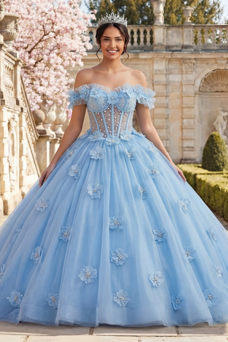 Laden Sie das Bild in den Galerie-Viewer, Schulterfreies Ballkleid Blaues Perlen Korsett Abschlusskleid mit 3D-Blumen
