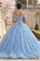 Laden Sie das Bild in den Galerie-Viewer, Schulterfreies Ballkleid Blaues Perlen Korsett Abschlusskleid mit 3D-Blumen