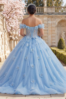 Schulterfreies Ballkleid Blaues Perlen Korsett Abschlusskleid mit 3D-Blumen