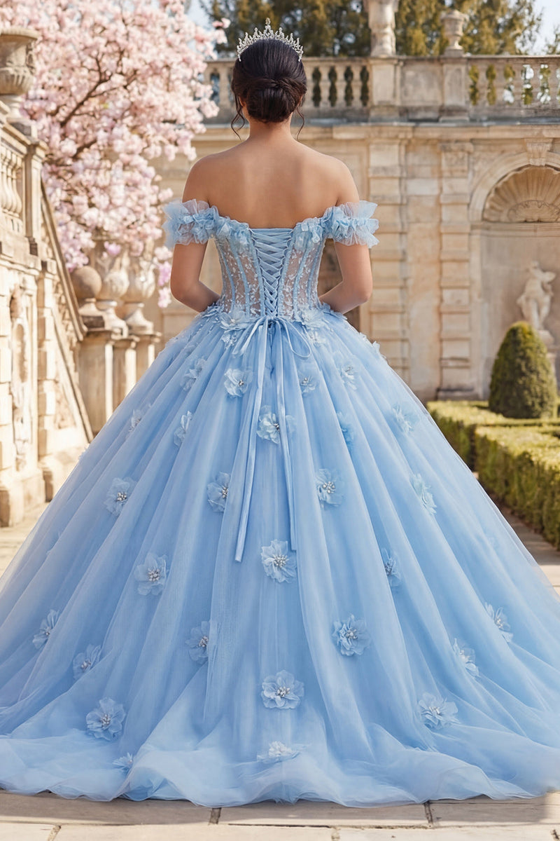Laden Sie das Bild in den Galerie-Viewer, Schulterfreies Ballkleid Blaues Perlen Korsett Abschlusskleid mit 3D-Blumen