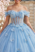 Laden Sie das Bild in den Galerie-Viewer, Schulterfreies Ballkleid Blaues Perlen Korsett Abschlusskleid mit 3D-Blumen