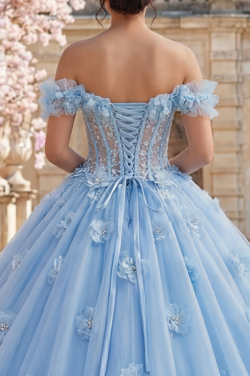 Laden Sie das Bild in den Galerie-Viewer, Schulterfreies Ballkleid Blaues Perlen Korsett Abschlusskleid mit 3D-Blumen