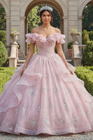 Laden Sie das Bild in den Galerie-Viewer, Off-the-shoulder Rosa Glitzer Rüschen Abschlusskleid