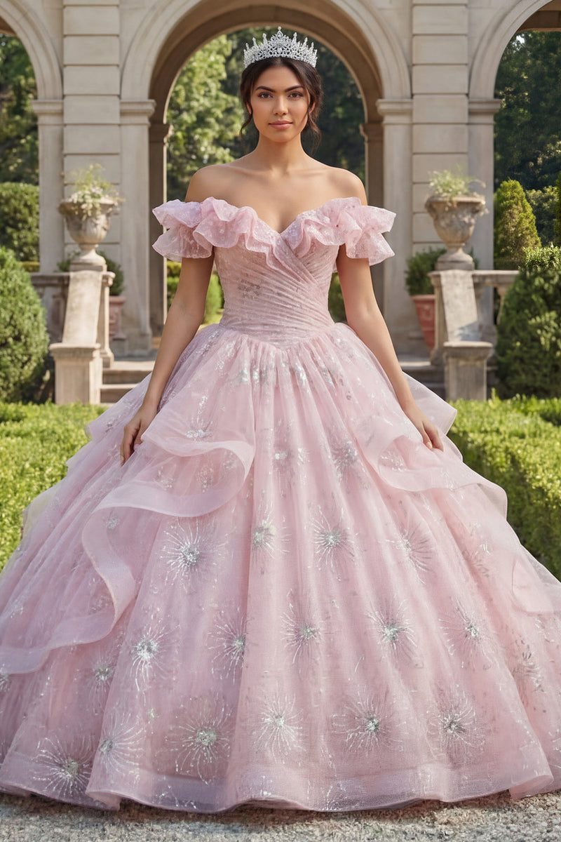 Laden Sie das Bild in den Galerie-Viewer, Off-the-shoulder Rosa Glitzer Rüschen Abschlusskleid