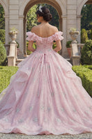 Laden Sie das Bild in den Galerie-Viewer, Off-the-shoulder Rosa Glitzer Rüschen Abschlusskleid