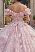 Laden Sie das Bild in den Galerie-Viewer, Off-the-shoulder Rosa Glitzer Rüschen Abschlusskleid
