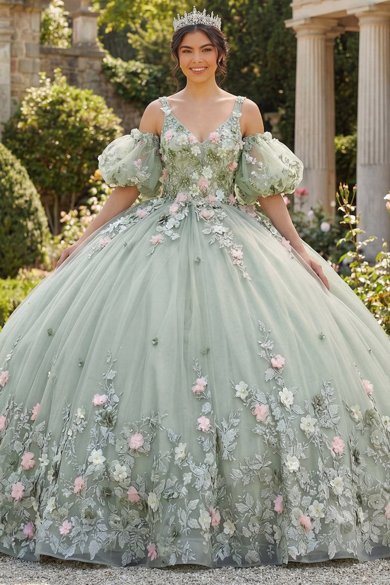 Laden Sie das Bild in den Galerie-Viewer, Salbeigrünes Ballkleid mit 3D-Blumen Prinzessin Abschlusskleid mit Puffärmeln