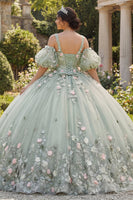 Laden Sie das Bild in den Galerie-Viewer, Salbeigrünes Ballkleid mit 3D-Blumen Prinzessin Abschlusskleid mit Puffärmeln