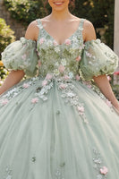 Laden Sie das Bild in den Galerie-Viewer, Salbeigrünes Ballkleid mit 3D-Blumen Prinzessin Abschlusskleid mit Puffärmeln