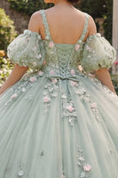 Laden Sie das Bild in den Galerie-Viewer, Salbeigrünes Ballkleid mit 3D-Blumen Prinzessin Abschlusskleid mit Puffärmeln