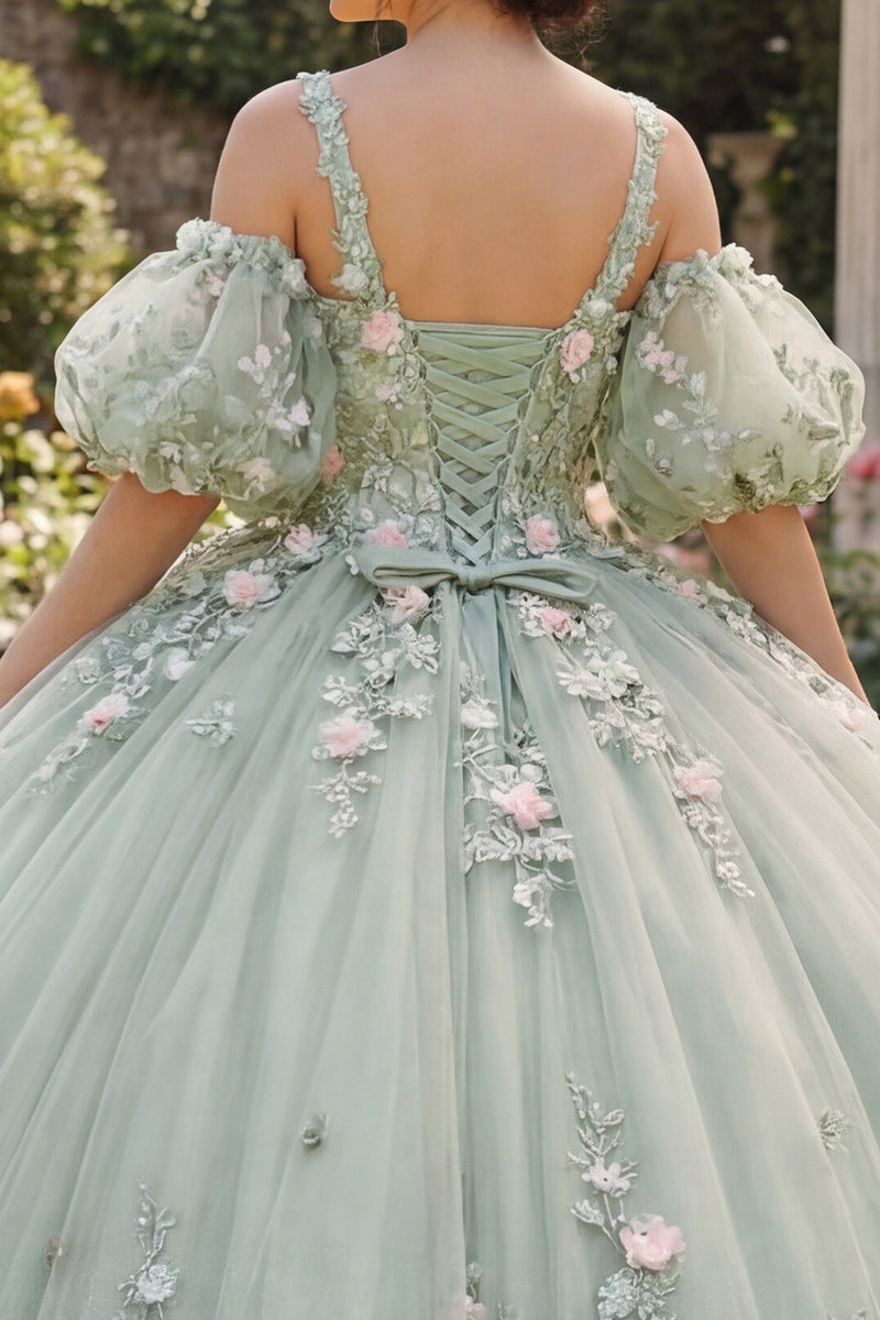 Laden Sie das Bild in den Galerie-Viewer, Salbeigrünes Ballkleid mit 3D-Blumen Prinzessin Abschlusskleid mit Puffärmeln