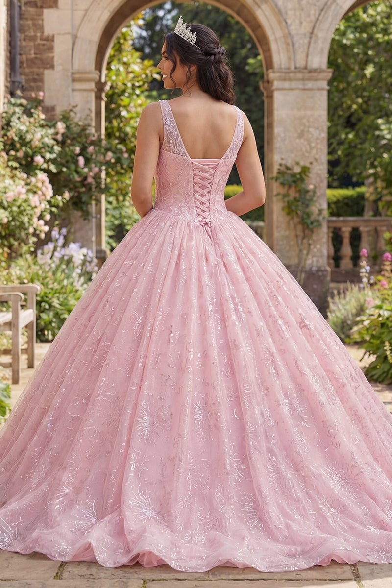 Laden Sie das Bild in den Galerie-Viewer, Glitzerrosa Korsett V-Ausschnitt Abschlusskleid