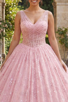 Laden Sie das Bild in den Galerie-Viewer, Glitzerrosa Korsett V-Ausschnitt Abschlusskleid