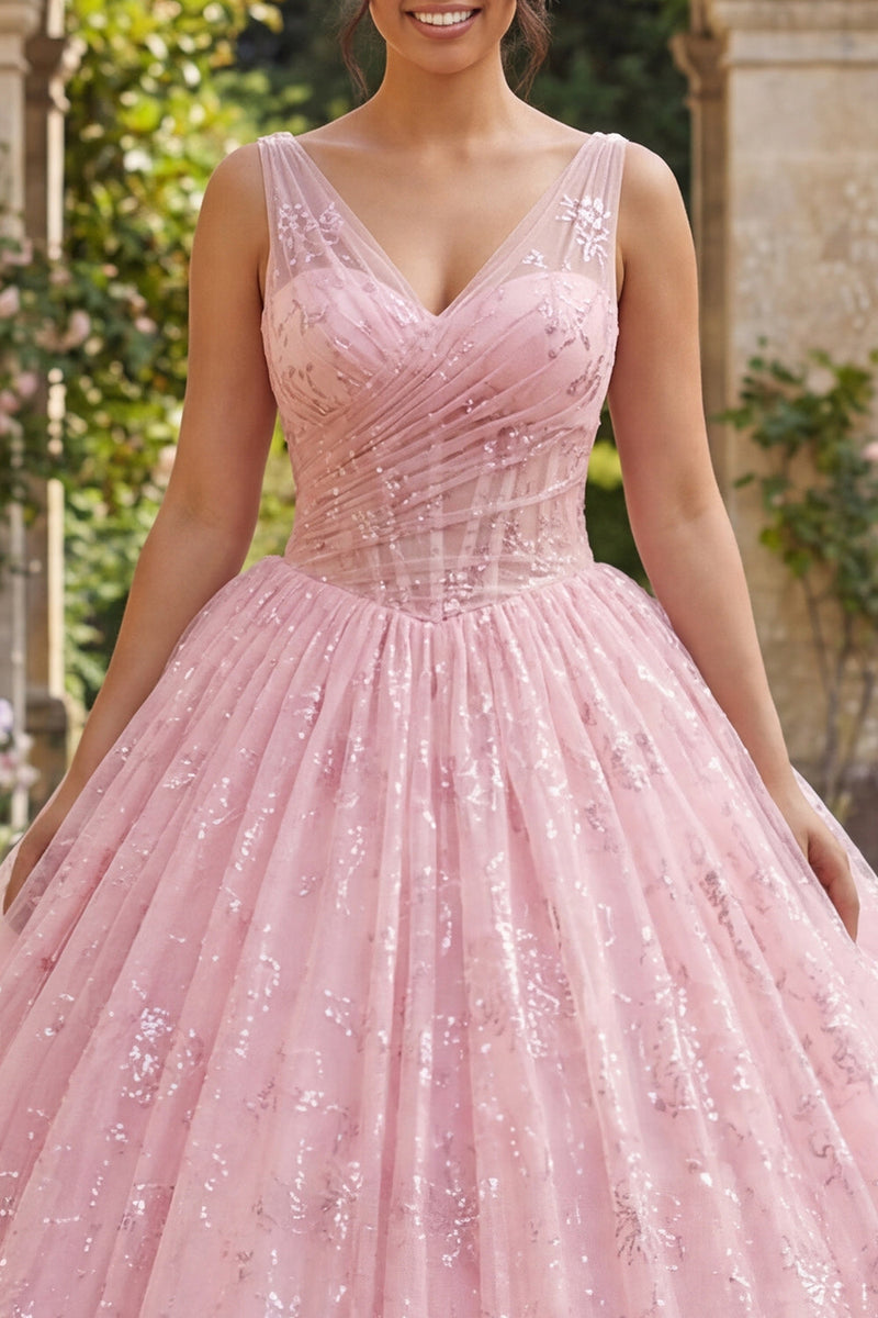 Laden Sie das Bild in den Galerie-Viewer, Glitzerrosa Korsett V-Ausschnitt Abschlusskleid