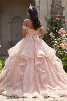 Schulterloses Glitzerndes Rosa Abschlusskleid mit Perlen und Rüschen