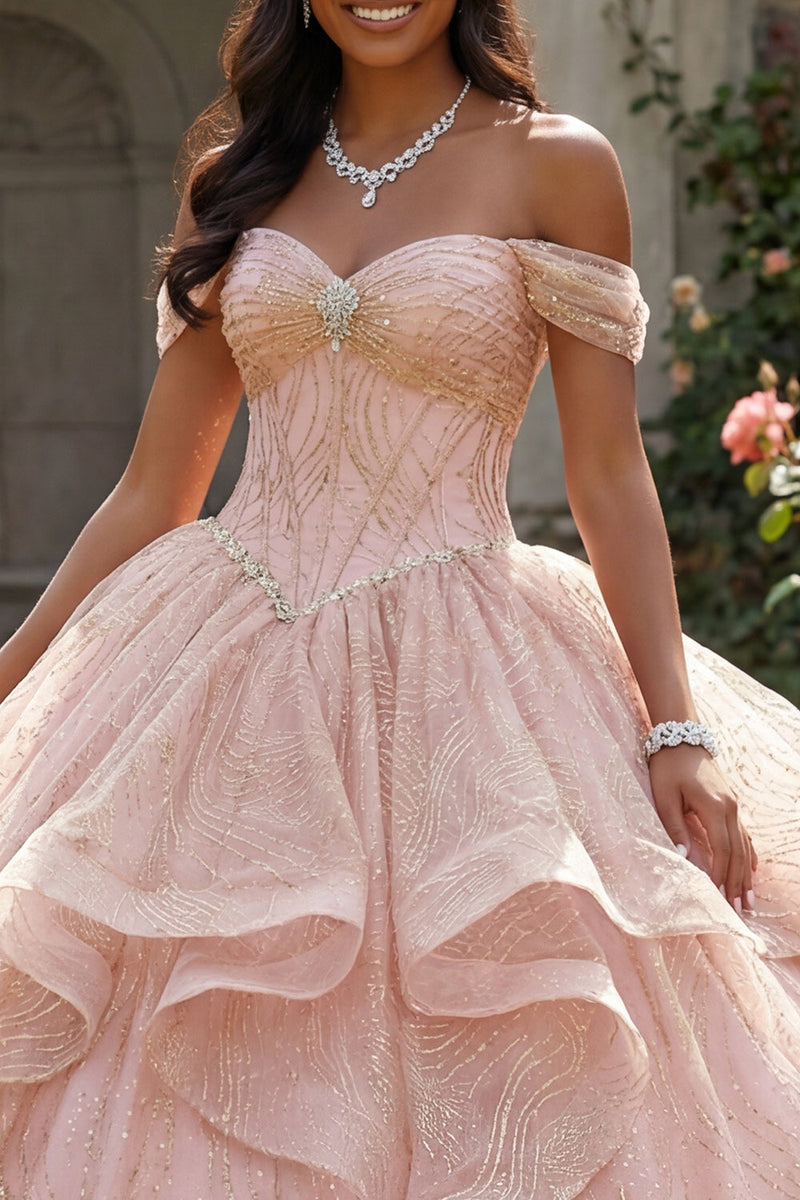 Laden Sie das Bild in den Galerie-Viewer, Schulterloses Glitzerndes Rosa Abschlusskleid mit Perlen und Rüschen