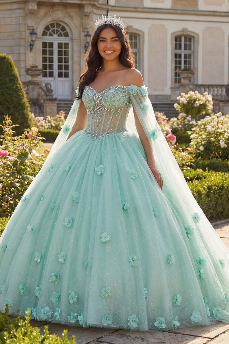 Laden Sie das Bild in den Galerie-Viewer, Hellgrünes Perlenbesetztes Schulterfreies Korsett 3D-Blumen Abschlusskleid mit Umhangärmeln