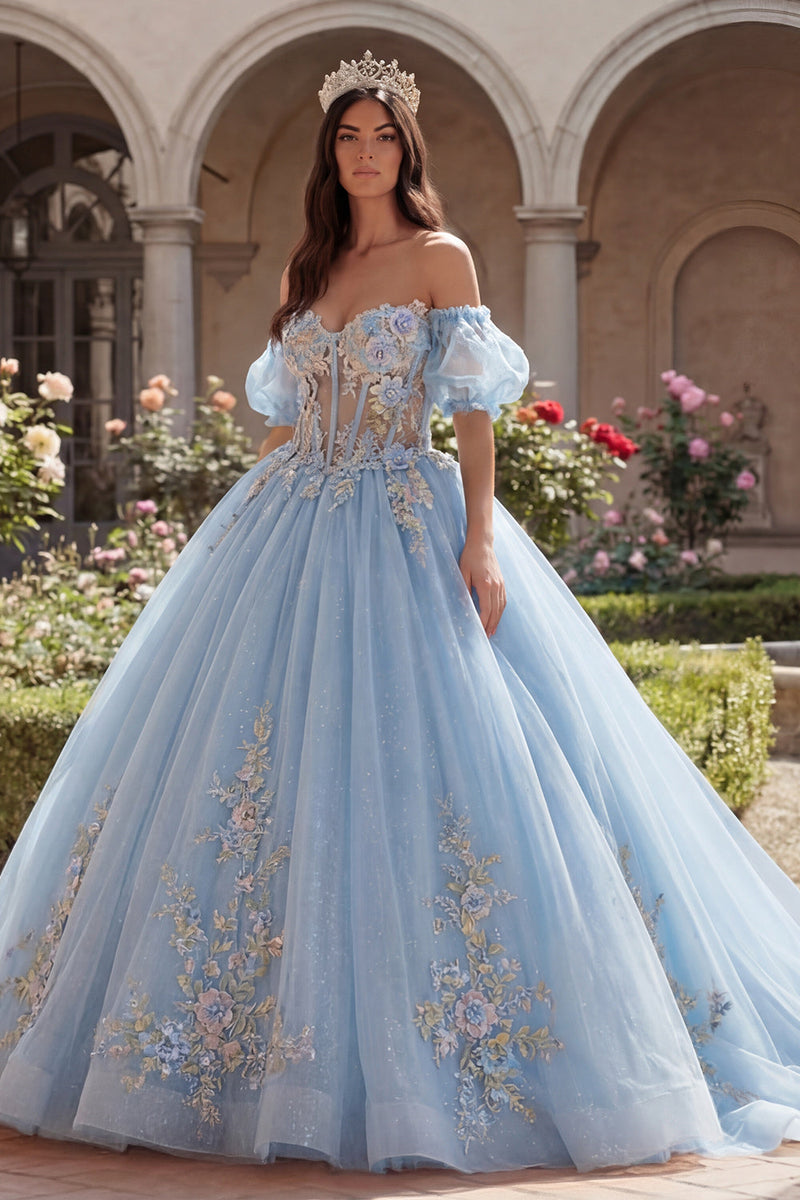 Laden Sie das Bild in den Galerie-Viewer, Himmelblaues Ballkleid ohne Schulter mit Korsettapplikation Abschlusskleid mit Puffärmeln