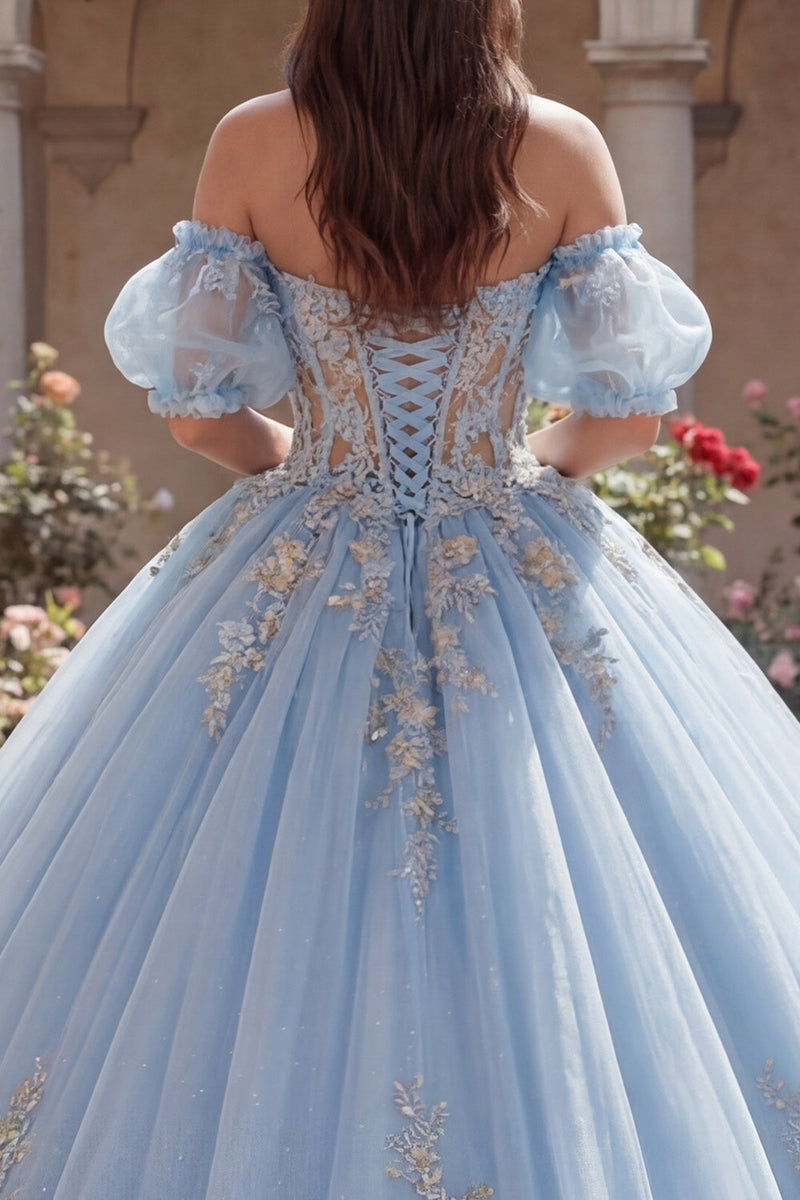 Laden Sie das Bild in den Galerie-Viewer, Himmelblaues Ballkleid ohne Schulter mit Korsettapplikation Abschlusskleid mit Puffärmeln