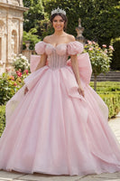 Laden Sie das Bild in den Galerie-Viewer, Rosa Perlen Besetztes Korsett Schulterfreies Abschlusskleid mit großer Schleife