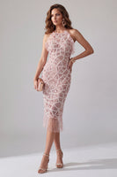 Laden Sie das Bild in den Galerie-Viewer, Glitzerndes Rouge-Bodycon Rapschen-Midi-Halter-Cocktailkleid mit Fransen