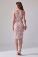 Laden Sie das Bild in den Galerie-Viewer, Glitzerndes Rouge-Bodycon Rapschen-Midi-Halter-Cocktailkleid mit Fransen