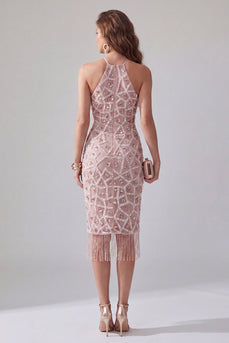 Glitzerndes Rouge-Bodycon Rapschen-Midi-Halter-Cocktailkleid mit Fransen