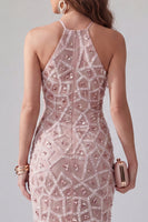 Laden Sie das Bild in den Galerie-Viewer, Glitzerndes Rouge-Bodycon Rapschen-Midi-Halter-Cocktailkleid mit Fransen