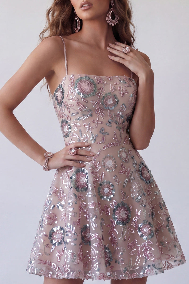 Laden Sie das Bild in den Galerie-Viewer, Glitzerndes rougefarbenes Pailletten-Kurzes Cocktailkleid