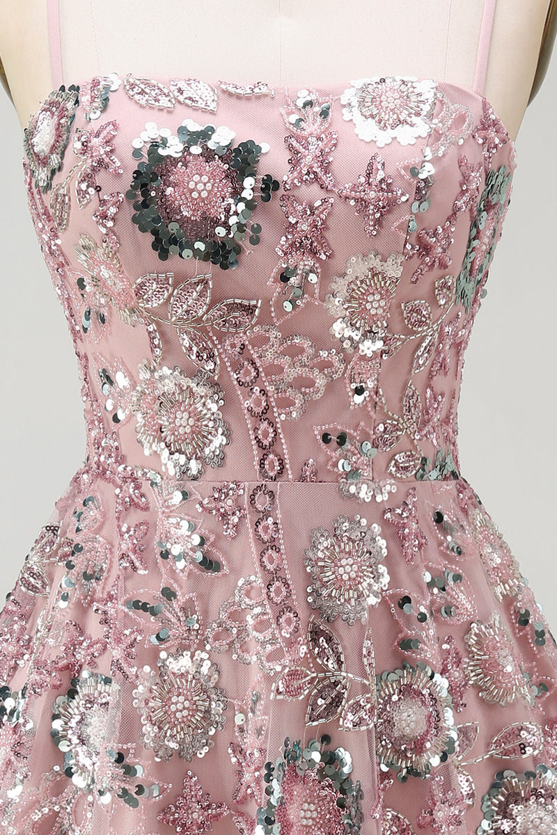 Laden Sie das Bild in den Galerie-Viewer, Glitzerndes rougefarbenes Pailletten-Kurzes Cocktailkleid