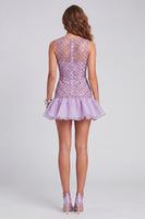 Laden Sie das Bild in den Galerie-Viewer, Glitzerndes fliederfarbenes Rundhals-Cocktailkleid mit Rüschen