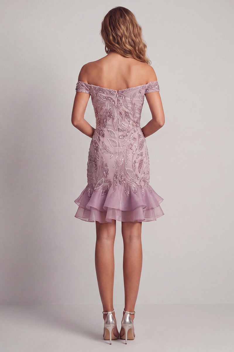 Laden Sie das Bild in den Galerie-Viewer, Schulterloses, glitzerndes, fliederbesetztes kurzes Cocktailkleid mit Rüschen