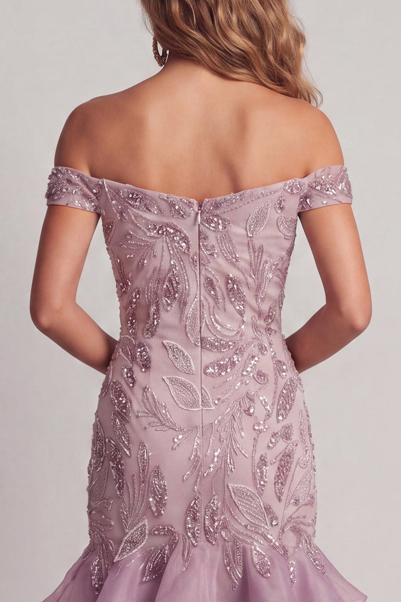Laden Sie das Bild in den Galerie-Viewer, Schulterloses, glitzerndes, fliederbesetztes kurzes Cocktailkleid mit Rüschen