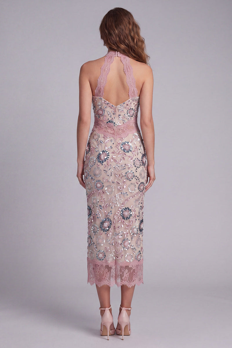 Laden Sie das Bild in den Galerie-Viewer, Glitzerndes Rouge-Neckholder-Sheath Maxi-Blumencocktailkleid mit Spitze