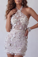 Laden Sie das Bild in den Galerie-Viewer, Glitzerndes silbernes Blumenhalter mit offenem Rücken enges kurzes Cocktailkleid