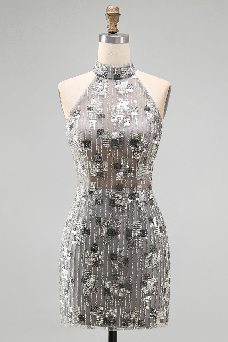 Laden Sie das Bild in den Galerie-Viewer, Glitzerndes Silbernes Kurzes Cocktailkleid mit offenem Rücken hohem Kragen und Perlen