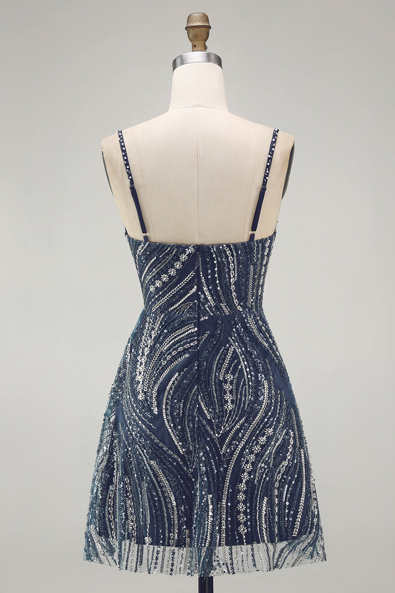 Laden Sie das Bild in den Galerie-Viewer, Glitzerndes marineblaues dickes perlenbesetztes kurzes Cocktailkleid