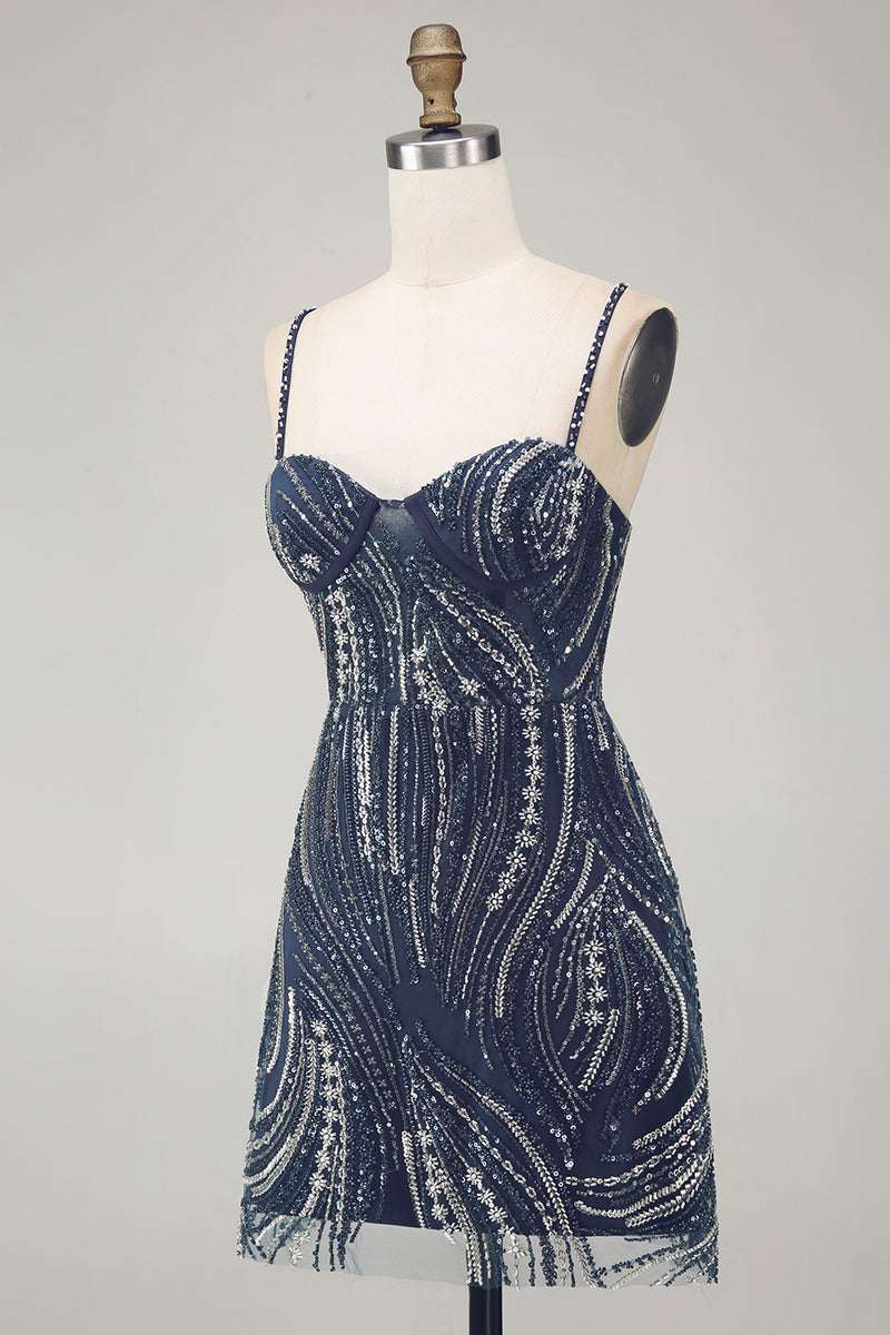 Laden Sie das Bild in den Galerie-Viewer, Glitzerndes marineblaues dickes perlenbesetztes kurzes Cocktailkleid