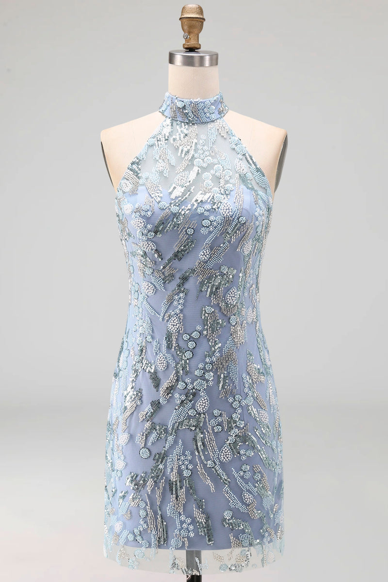 Laden Sie das Bild in den Galerie-Viewer, Glitzerndes Graublaues Neckholder Enges Kurzes Perlenbesetztes Cocktailkleid
