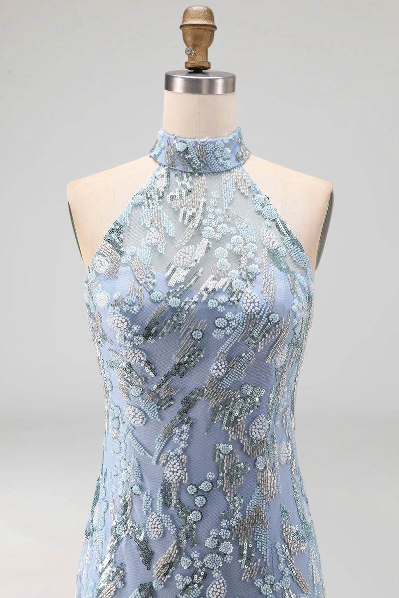 Laden Sie das Bild in den Galerie-Viewer, Glitzerndes Graublaues Neckholder Enges Kurzes Perlenbesetztes Cocktailkleid
