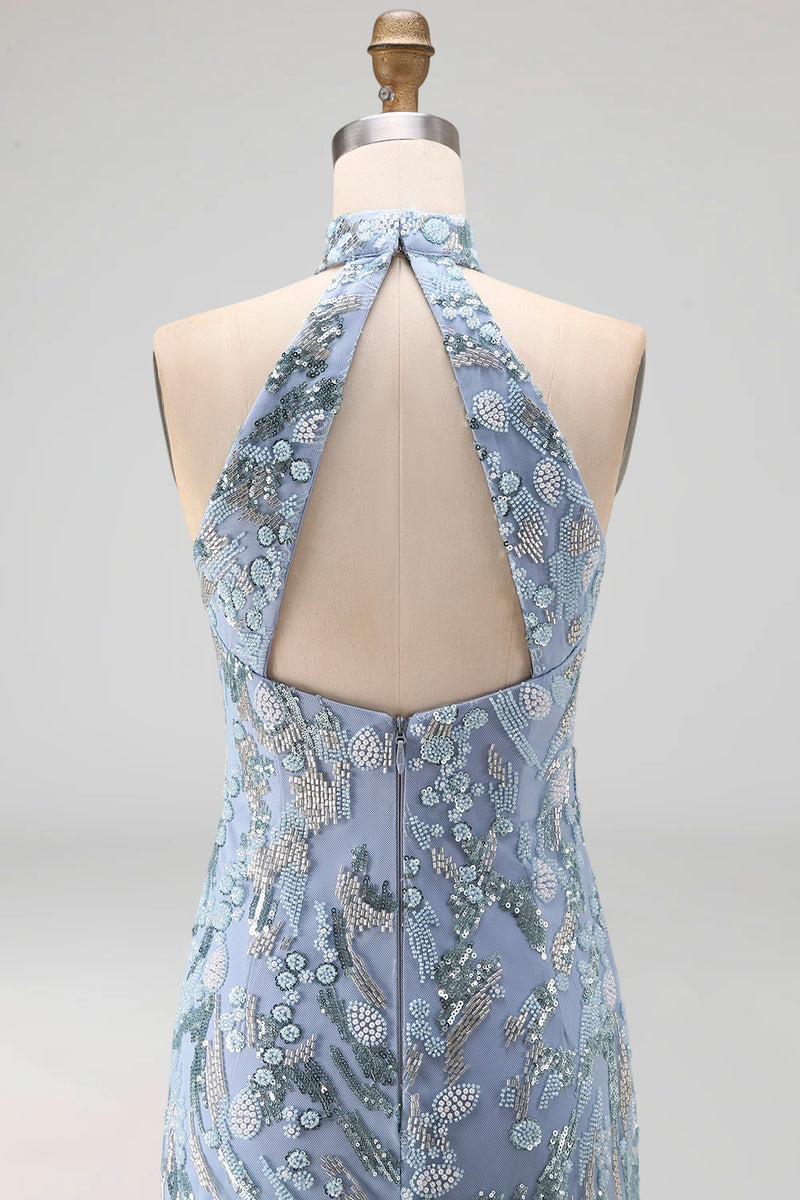 Laden Sie das Bild in den Galerie-Viewer, Glitzerndes Graublaues Neckholder Enges Kurzes Perlenbesetztes Cocktailkleid