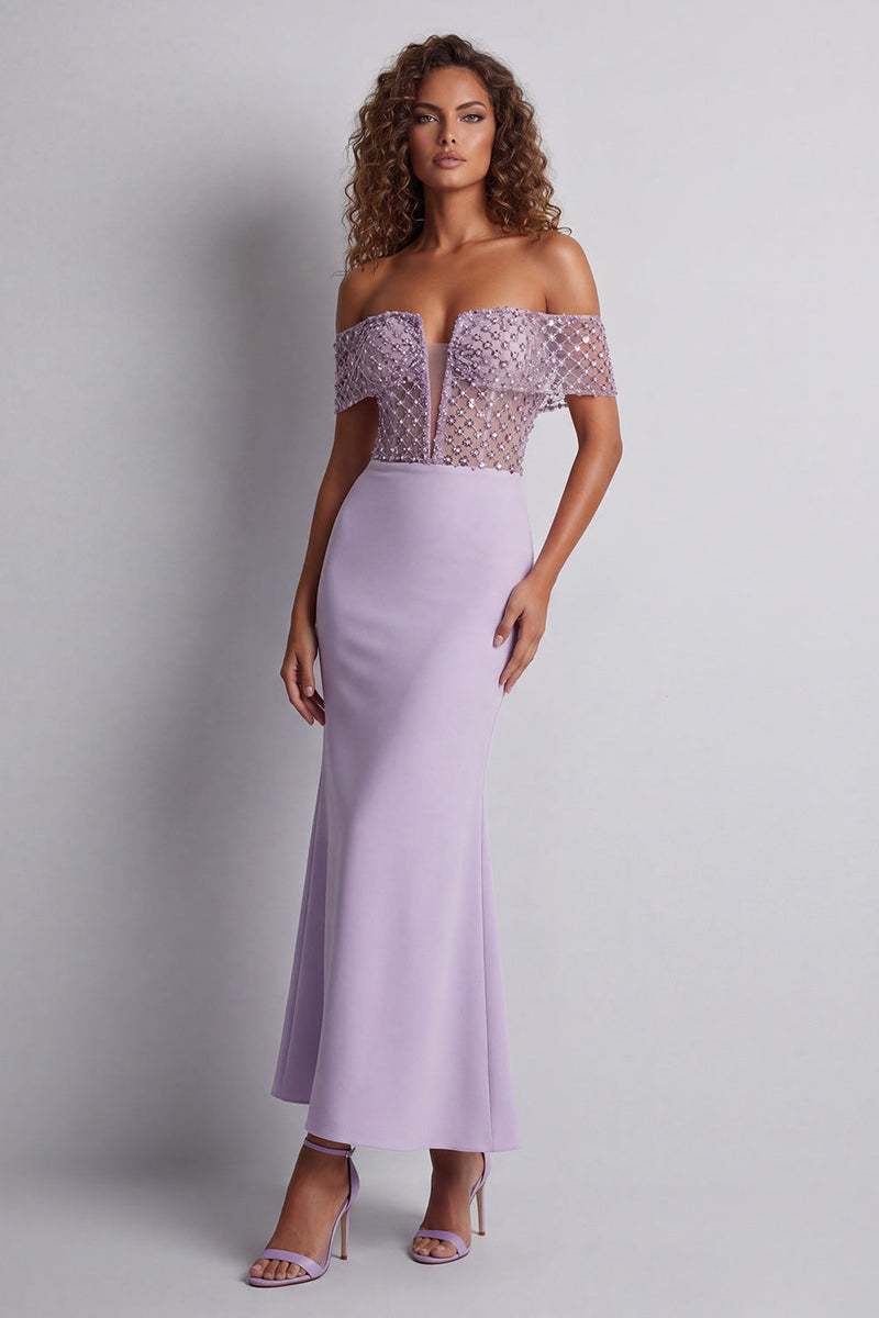 Laden Sie das Bild in den Galerie-Viewer, Glitzerndes, schulterloses, hellviolettes Meerjungfrauen-Festkleid