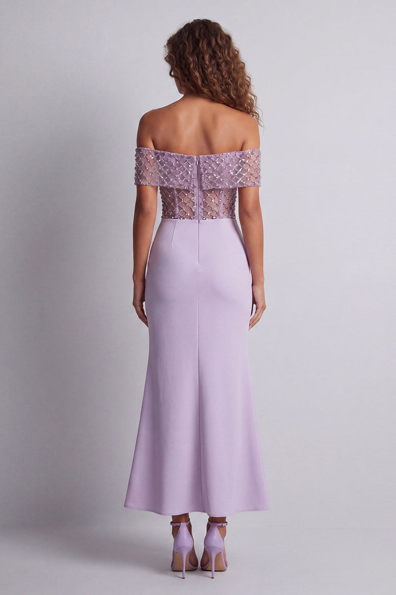 Laden Sie das Bild in den Galerie-Viewer, Glitzerndes, schulterloses, hellviolettes Meerjungfrauen-Festkleid