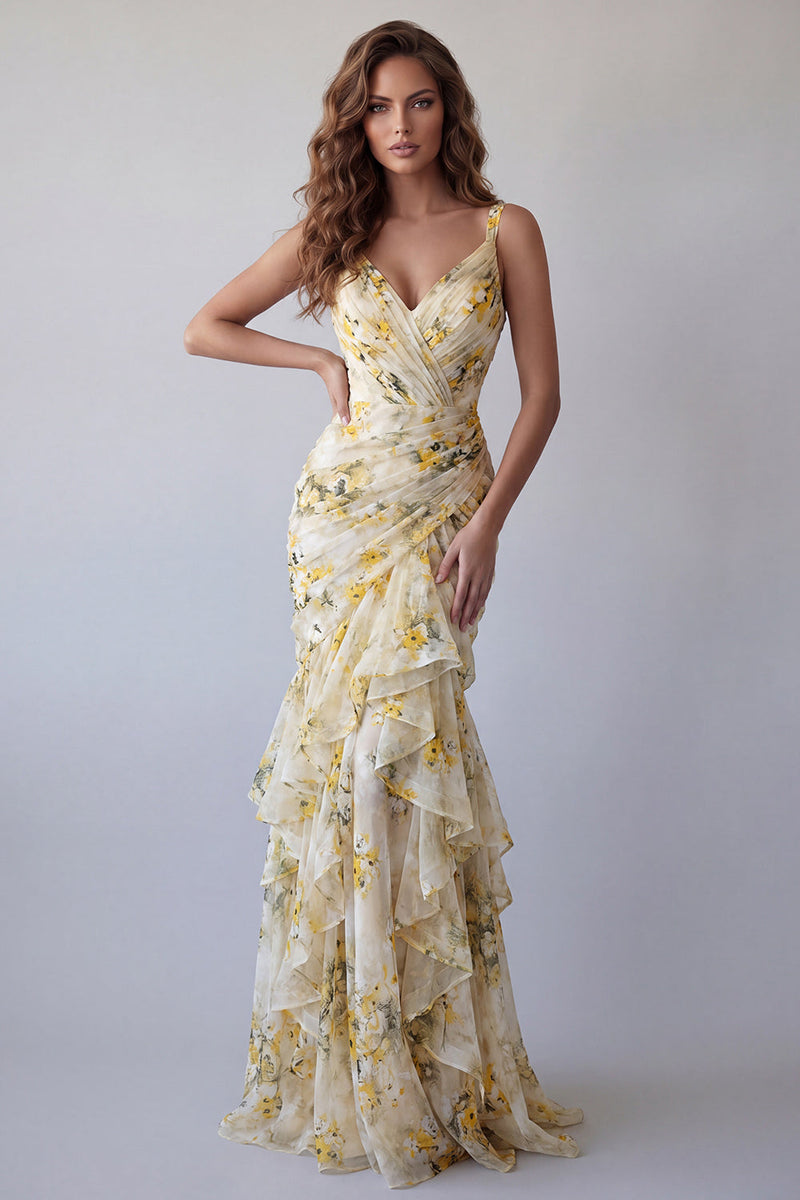 Laden Sie das Bild in den Galerie-Viewer, Hellgelbes, geblümtes Spaghettiträger Meerjungfrauen-Zerrüschendes Festkleid