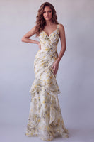 Laden Sie das Bild in den Galerie-Viewer, Hellgelbes Geblümtes Spaghettiträger Meerjungfrauen-Zerrüschendes Festkleid