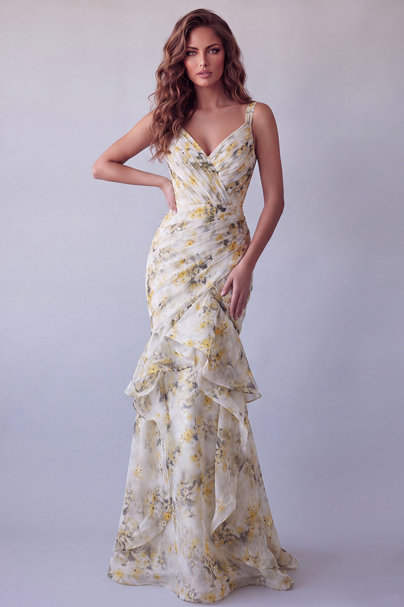 Laden Sie das Bild in den Galerie-Viewer, Hellgelbes Geblümtes Spaghettiträger Meerjungfrauen-Zerrüschendes Festkleid