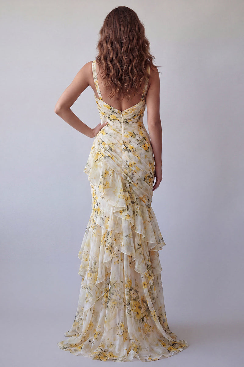 Laden Sie das Bild in den Galerie-Viewer, Hellgelbes, geblümtes Spaghettiträger Meerjungfrauen-Zerrüschendes Festkleid