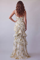 Laden Sie das Bild in den Galerie-Viewer, Hellgelbes Geblümtes Spaghettiträger Meerjungfrauen-Zerrüschendes Festkleid