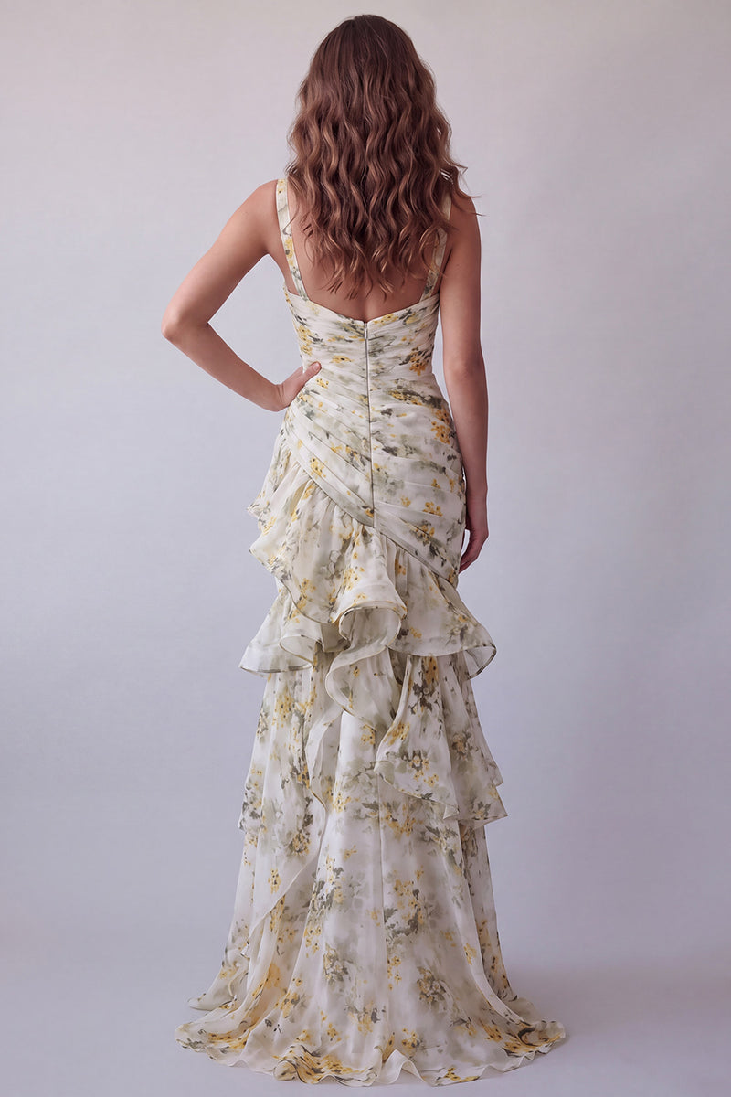 Laden Sie das Bild in den Galerie-Viewer, Hellgelbes Geblümtes Spaghettiträger Meerjungfrauen-Zerrüschendes Festkleid
