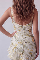 Laden Sie das Bild in den Galerie-Viewer, Hellgelbes Geblümtes Spaghettiträger Meerjungfrauen-Zerrüschendes Festkleid